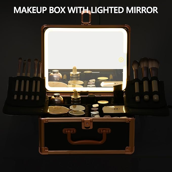 GALHUBIS Makeup Case with Lighted Mirror, Makeup Box Organizer with Detachable LED Mirror, Travel Makeup Train Case, Waterproof Cosmetic Organizer, Standing Makeup Brush Holder, Gift, Black Gold