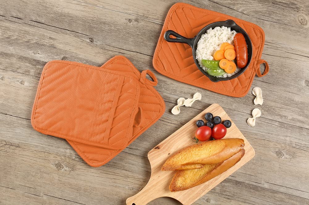 VEIKERY Oven Pot Holder with Pocket Cotton Heat Resistant Coaster Potholder Kitchen Hot Pad Oven Mitts for Cooking Square 7"x9"Set of 5 (Orange)