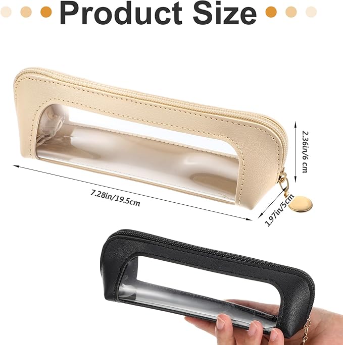 Kifmurase 2Pcs Clear Makeup Brush Bag, Leather Slim Makeup Case, Portable Transparent Waterproof Cosmetic Pouch with Zipper, Double Sided Clear Bag for Women Travel Storage (White, Black)