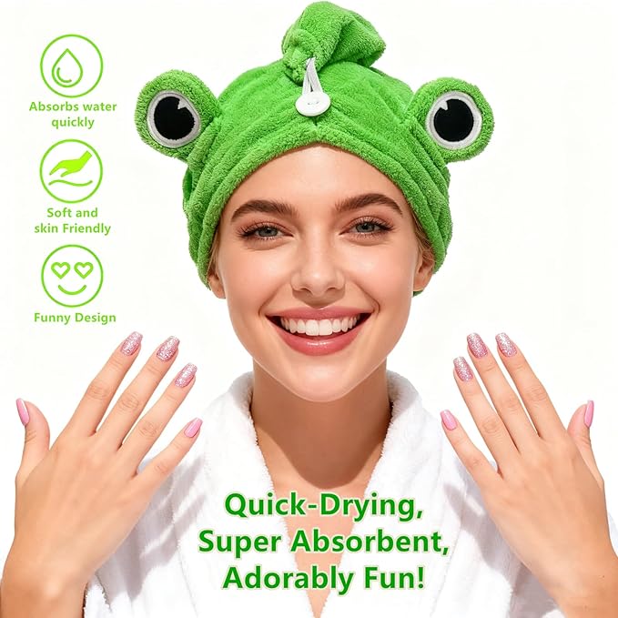 2-Pack Frog Hair Turbans, Super Absorbent Microfiber Hair Towels for Long Hair, Quick Dry, Cute Animal Design, Gift for Women Girlfriend Bestie