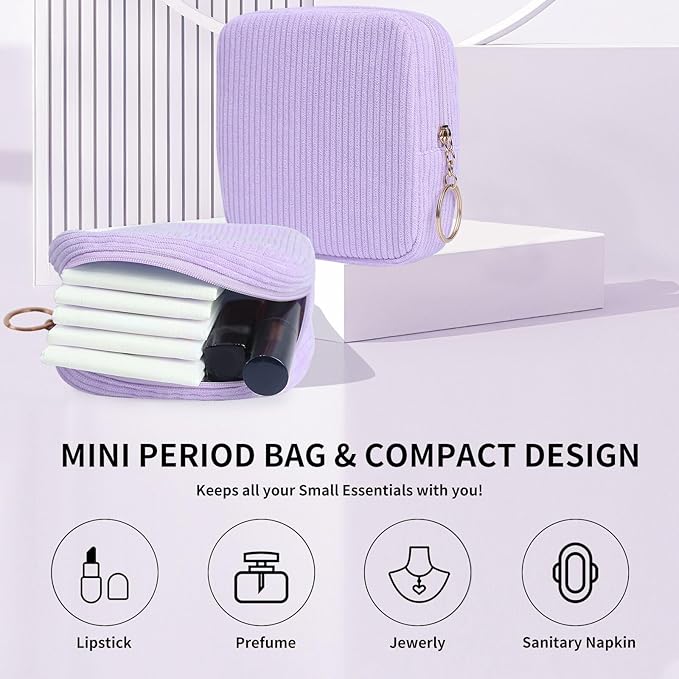 Teircno Sanitary Napkin Storage Bag, Preppy Corduroy Period Bag for Women, Cute Portable Period Pouch with Zipper, Sanitary Pads Bag Tampons Holder for Purse, First Period for Women Ladies