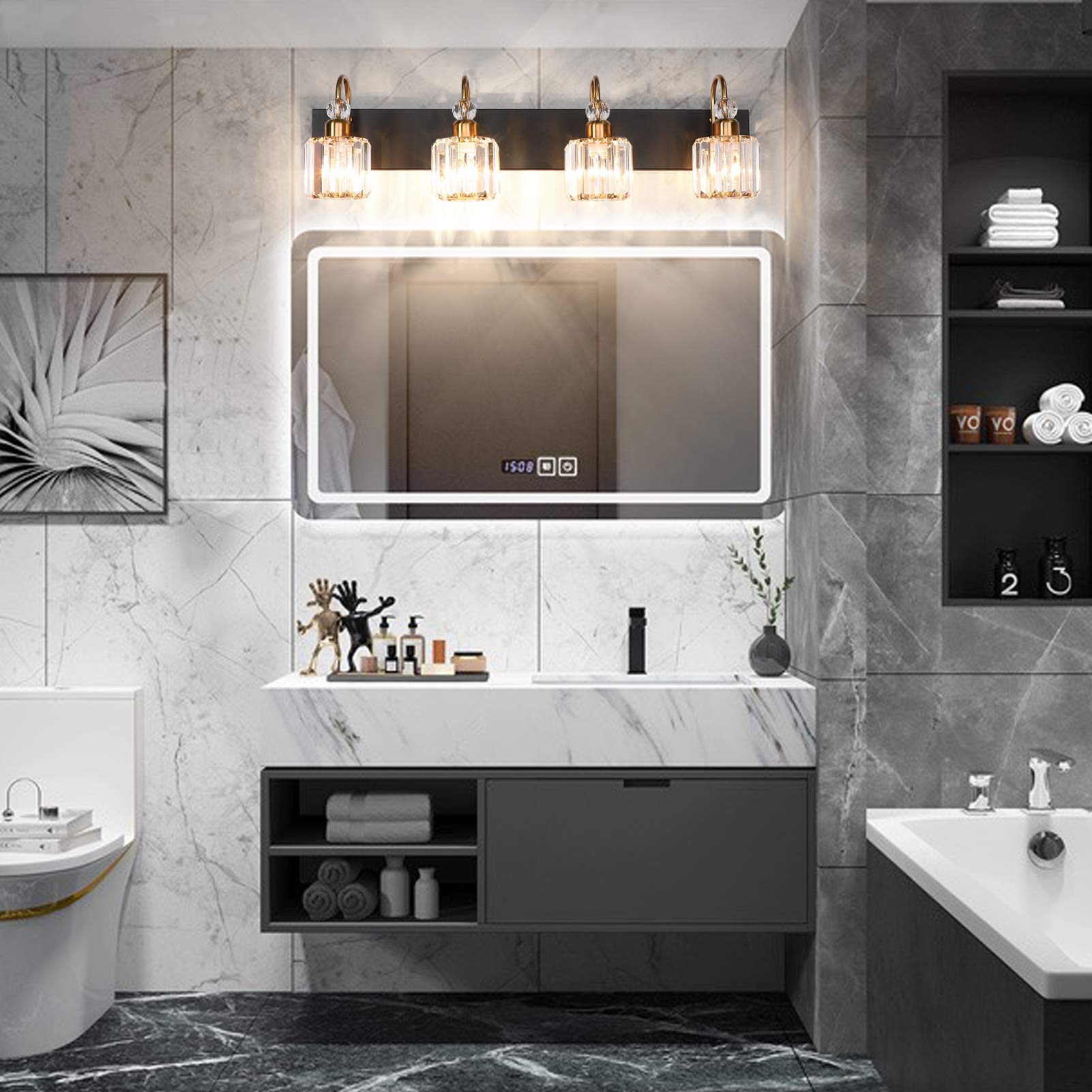 Ralbay LED Modern Vanity Lights Fixtures 4 Lights Black Vanity Lights Crystal Modern Matte Black Vanity Lights for Bathroom