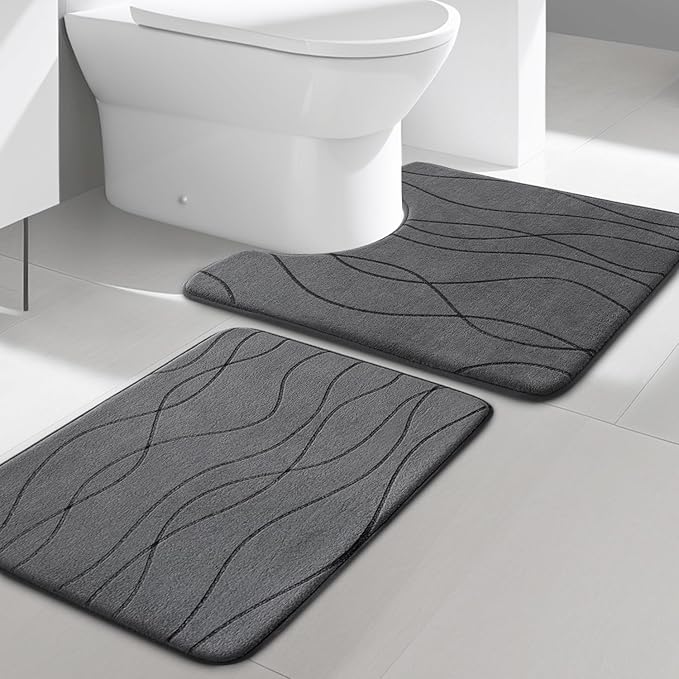 YIHOUSE Bathroom Rugs Set 2 Piece, Memory Foam Bath Mat Dark Grey