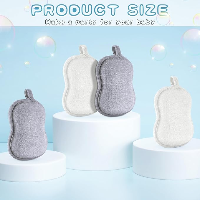 Tatuo 4 Pieces Baby Bath Sponge Toddler Bath Sponge Soft Comfy Cotton Absorbent Loofah for Kids Babies Boy Girl(Grey,White)