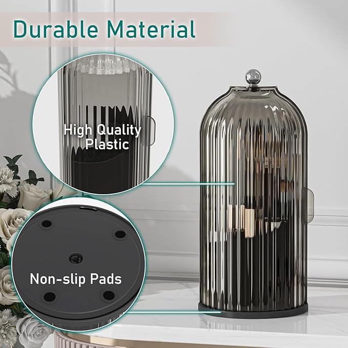 GAXmi Makeup Brush Holder with Lid Rotating Cosmetic Organizer, Black-Grey