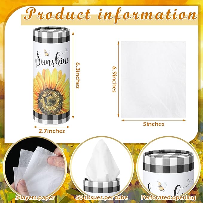 Fourluoo 12 Pack Sunflower Tissue Boxes for Car Cylinder Bulk Black White Plaid Flower Round Cylinder Holder with 3 Ply Facial Tissues for Spring Summer Travel Bathroom Office Decoration