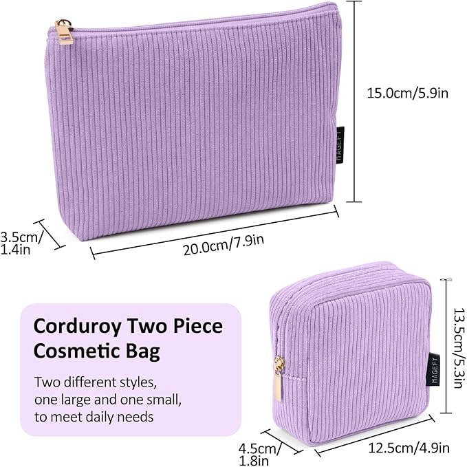 MAGEFY Small Makeup Bag, 2 Pcs Corduroy Makeup Bag for Purse Make Up Organizer Bag Mini Pouch with Slip-in Pockets Aesthetic Preppy Stuff - Purple
