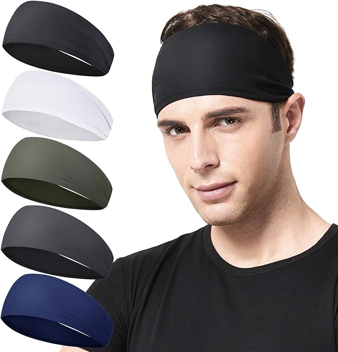 Acozycoo Mens Running Headband,5Pack,Mens Sweatband Sports Headband for Running,Cycling,Basketball,Yoga,Fitness Workout Stretchy Unisex Hairband (Black,White, Green, Dark Gray, Dark Blue)
