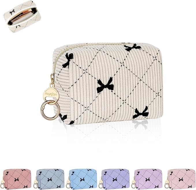 Playexen Mini Makeup Bag, Corduroy Small Cosmetic Bag for Purse, B-Beige