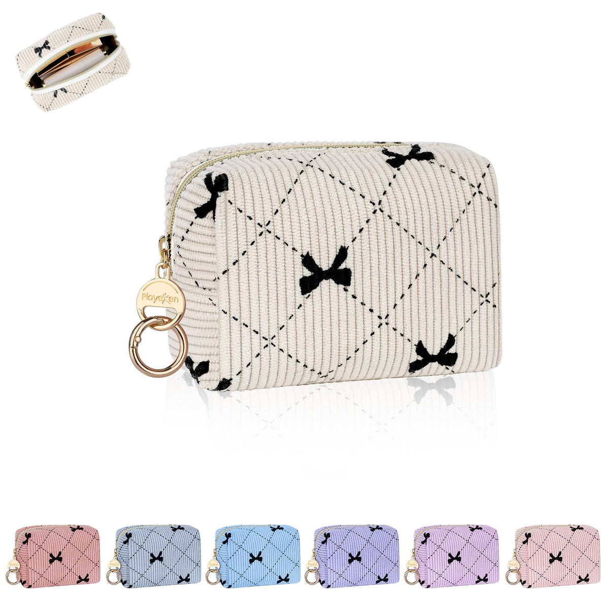 Playexen Mini Makeup Bag, Corduroy Small Cosmetic Bag for Purse, B-Beige