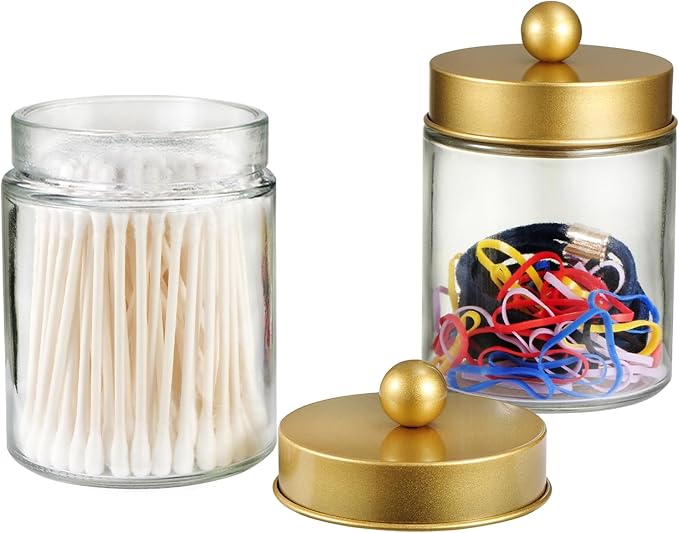 SheeChung Qtip Holder Dispenser for Bathroom Vanity Organizer and Farmhouse Decor - Stylish Glass Apothecary Jar with Stainless Steel Lid and Stickers,Bathroom Countertop Storage Canister(Gold,2Pack)