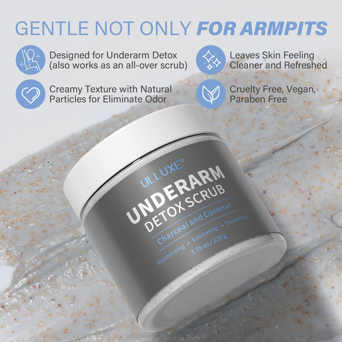 Underarm Detox Scrub for Odor Control, Charcoal Armpit Detoxifying Body Scrub, Deodorizing Exfoliating Scrub for Women & Men Brightens Dark Underarms, Inner Thighs & Bikini Area Exfoliator, 7.7 oz