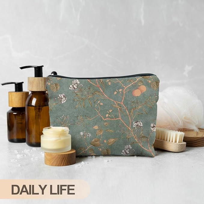 RYYCDOI Vintage Floral Bird Makeup Bag, Chinoiserie Green Floral Cosmetic Bags for Women, Rustic Country Botanical Zipper Makeup Pouch
