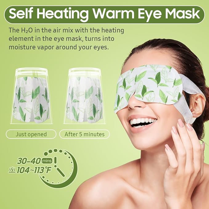 BeHoomi 20 Packs Steam Eye Mask, Heated Eye Mask Warm Compress for Eyes, Disposable Self Heating Steam Mask for Home, Sleep, Spa, Travel Essentials & Relaxation Gifts for Women (Green Tea)