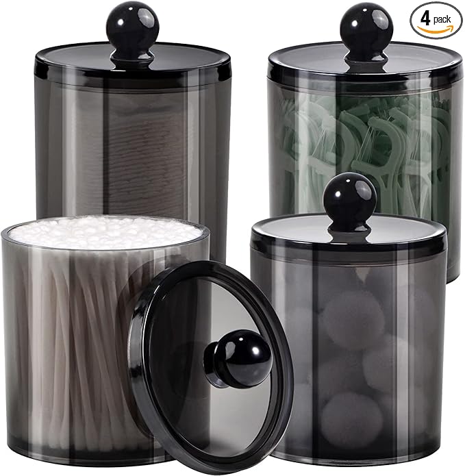 SheeChung 4 Pack Qtip Holder, Cotton Round holder with Lids - (2) 12oz & (2) 10oz Qtip Jar - Shatterproof Bathroom Vanity Organizer for Cotton Swabs, Balls, Pads, Floss Picks (Black )