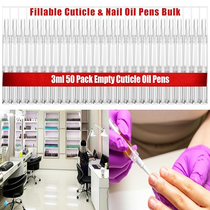 UPZIGS 50 Pack Empty Cuticle Oil Pens Bulk-3ml Travel Size Nail Oil Pen, Disposable Twist Pens with Brush-No Leak, DIY Nail Care Kits for Nail Salon