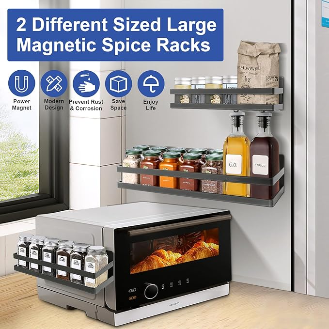 Uten Large Magnetic Spice Rack for Refrigerator 2 Pack, Gray