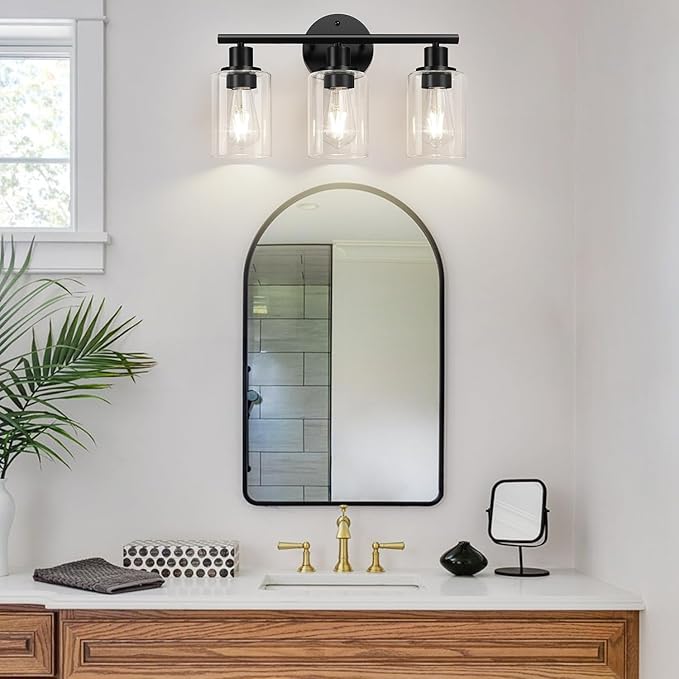 Zarbitta 3-Light Bathroom Light Fixtures, 17.23" Black Modern Vanity Lights with Clear Glass Shade, Bathroom Wall Lamp for Mirror Kitchen Living Room Hallway Cabinet Porch