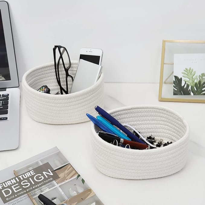 【2 Pack】 ABenkle Small Storage Baskets, Natural Cotton Rope Woven Baskets for Organizing, Tiny Oval Storage Easter Baskets, Small Basket, Cat Dog Toy Baskets, Bathroom Organization Bin