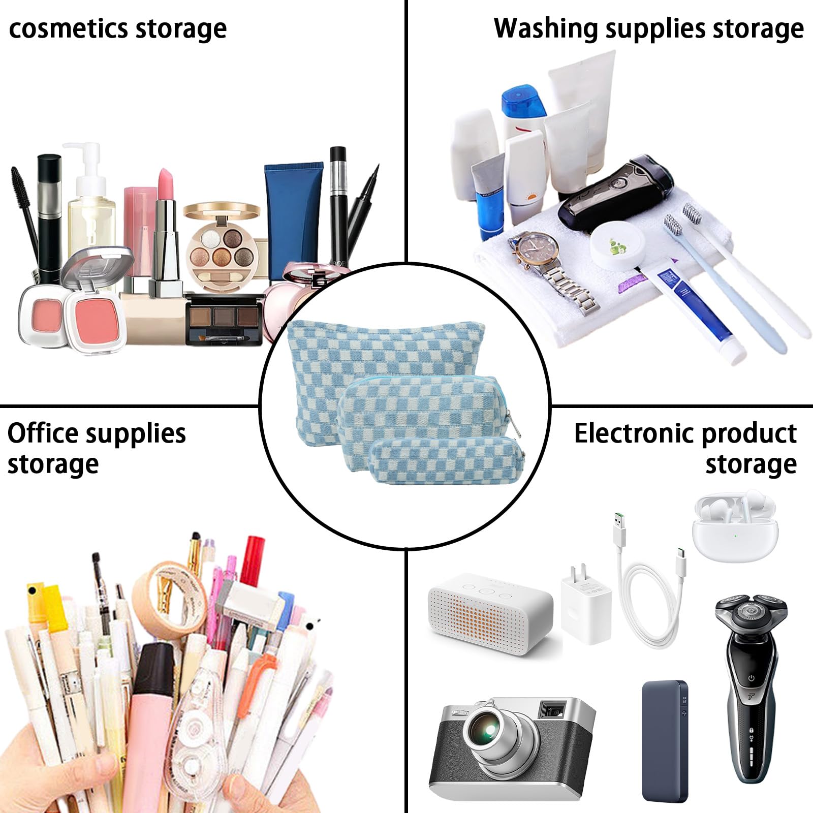 LYDZTION Large Capacity Makeup Bag Set - 3 Pieces Checkered Cosmetic Bag for Women Travel Makeup Bag Organizer Cute Makeup Brushes Storage Bag Travel Toiletry Bag Storage Bag for Women,Blue