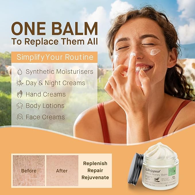 Beef Tallow Honey Balm for Skin: 100% Grass Fed Whipped Organic Moisturizer with Organic Raw Honey, Jojoba Oil, Vitamin E – Natural Face and Body Care for Mature, Dry or Sensitive Skin, 4oz