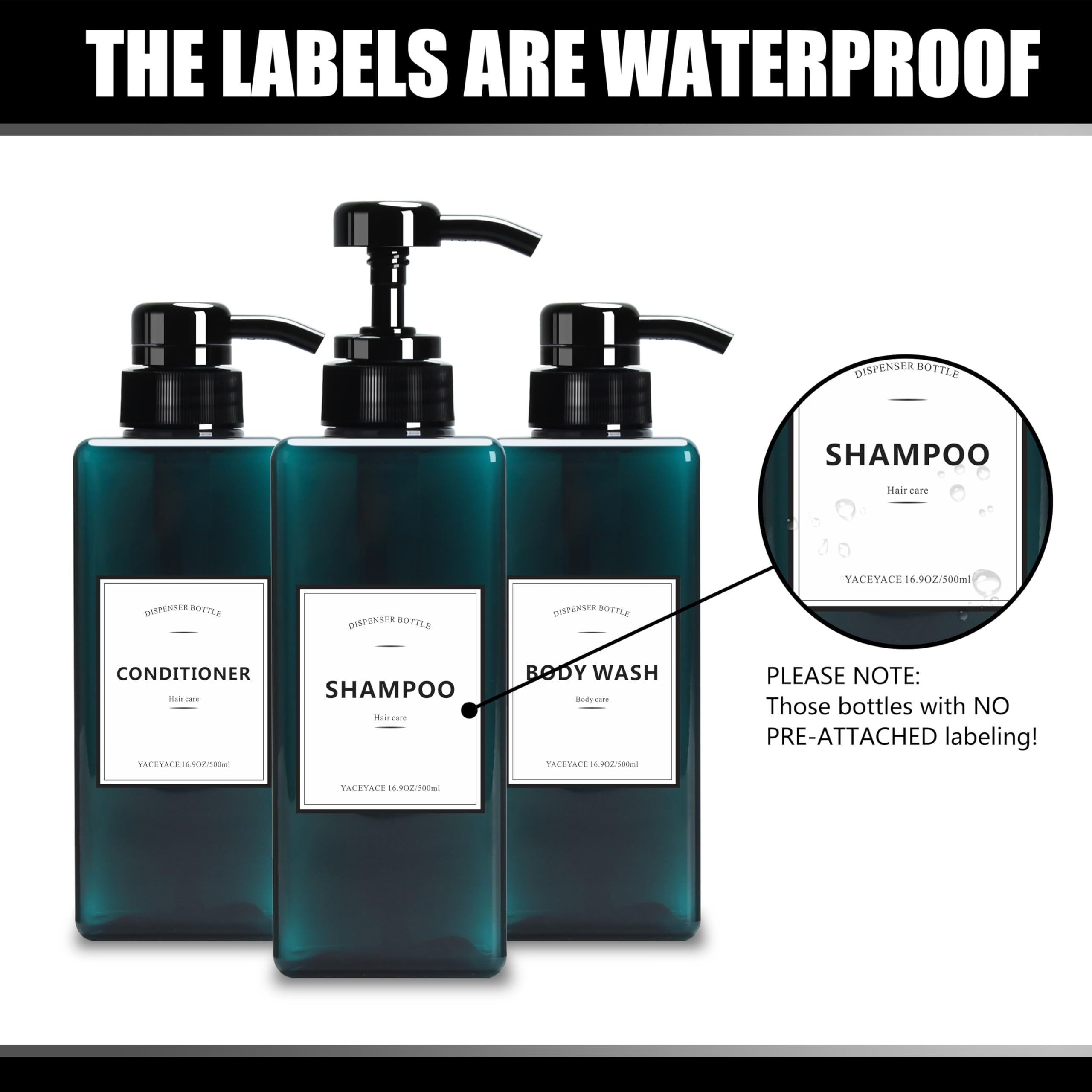 Travel Shampoo Bottles,YACEYACE 16.9oz Set of 3 Empty Shower Bottles