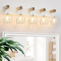 White Bathroom Vanity Light Fixtures, 5-Light Wood Bathroom Light Fixtures Over Mirror, Rustic Sconces Wall Lighting with Elegant Metal Lampshade for Living Room, Bedroom, Hallway