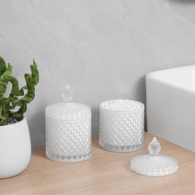 2 Pack Qtip Holder Apothecary Jars with Lid, Thick Glass, White