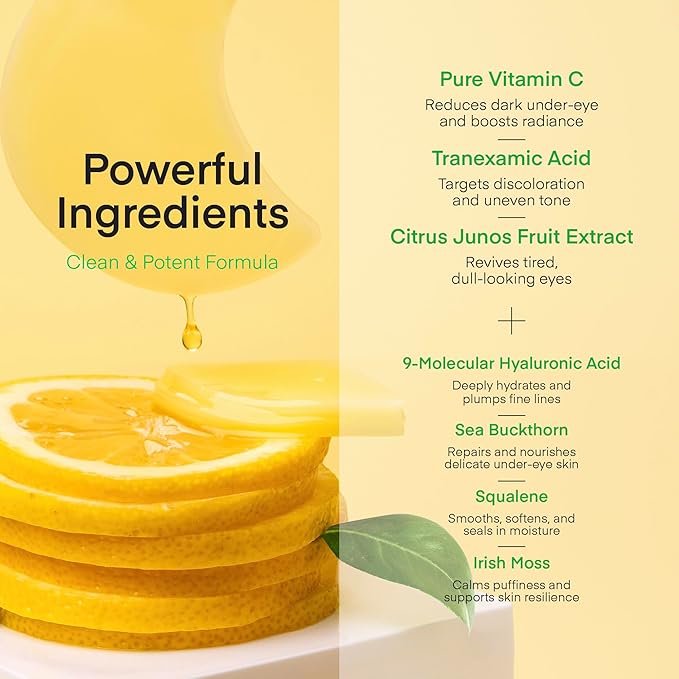 Terez & Honor Vitamin C Eye Patches - 60 Pcs Korean Brightening & Hydrating Under Eye Masks with Tranexamic Acid, Hyaluronic Acid - Dark Circles, Puffiness & Wrinkle Hydrogel Pads, Vegan, No Fragrance