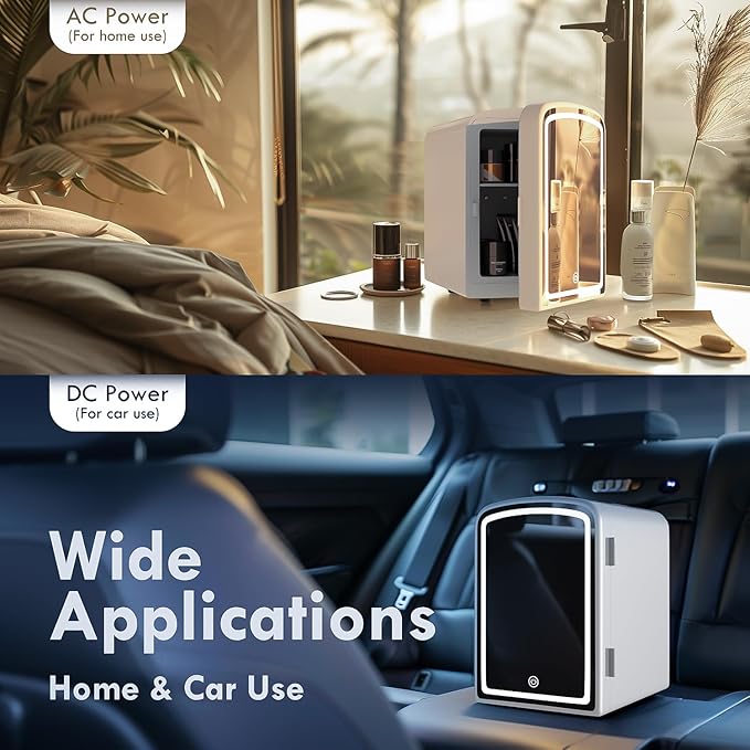 COYCYQI 4L Mini Skincare Fridge with Dimmable LED Mirror, Portable Beauty Refrigerator for Makeup, Cosmetic, Personal Small Refrigerator with Cooler and Warmer for Bedroom, Office and Car(Pearl White)