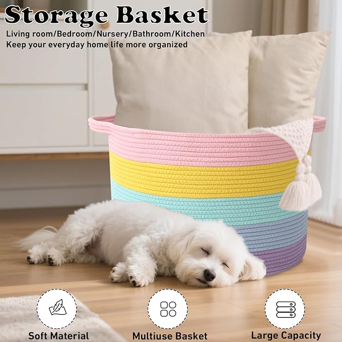 65L Large Blanket Basket,19.7" L x 19.7" W x 13" H Rope Woven Baskets with Handles, Toys Storage Bins,Laundry Basket Perfect for Living Room, Nursery,Bedroom,Home Organization,Colorful