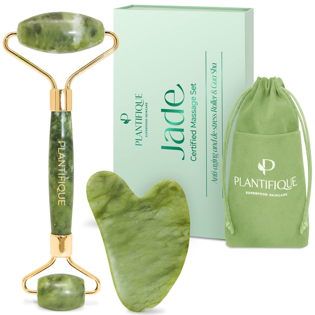 PLANTIFIQUE Jade Gua Sha Facial Tool & Face Roller Set - Giftable Box