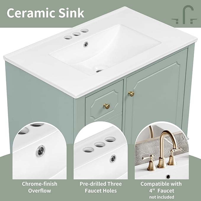 30" Bathroom Vanity with Sink, Harper & Bright Designs Free Standing Single Vanity Set with 3 Drawers and One Door with Storage Racks, Wood Storage Cabinet with Ceramic Basin for Bathroom, Light Green