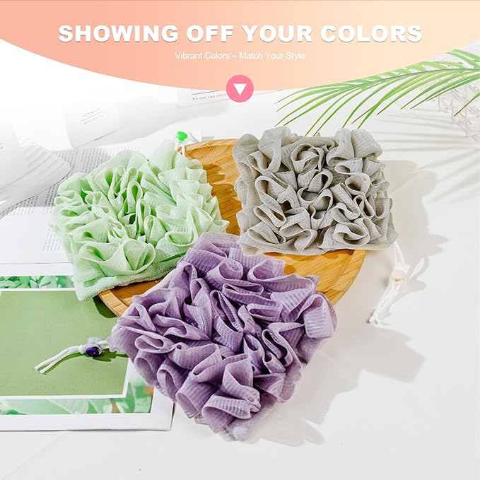 3-Pack Loofah Washcloth Combo 2-in-1, Soap Saver Pouch with Bar Soap Pocket, Exfoliating & Reusable Shower Sponge for Body Wash (Green, Purple, Khaki)