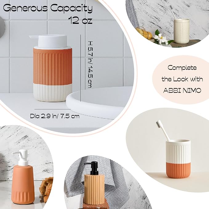 ABBI NIMO 2 Pack Hand Dipped Terracotta Ceramic Foam Soap Dispenser, 12 oz Rippled Bubble-Up Bottle with White Silicone Pump, Refillable Orange Hand Soap Dispenser for Bathroom