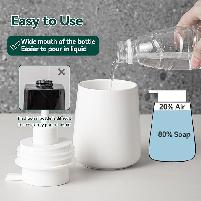 AZMOYAC Foaming Soap Dispenser - 12 OZ White Ceramic Foam Soap Dispenser for Bathroom, Hand Wash Dispenser Bottle with Black Foaming Pump, Refillable Dish Dispenser Kitchen