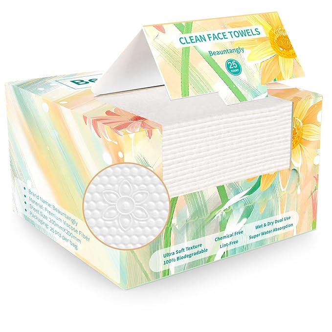 Disposable Face Towel, Soft & Thick Lint-Free Biodegradable Face Towelettes, Makeup Remover Dry Wipes, Facial Tissue for Camping Travel Essentials, 25 Count