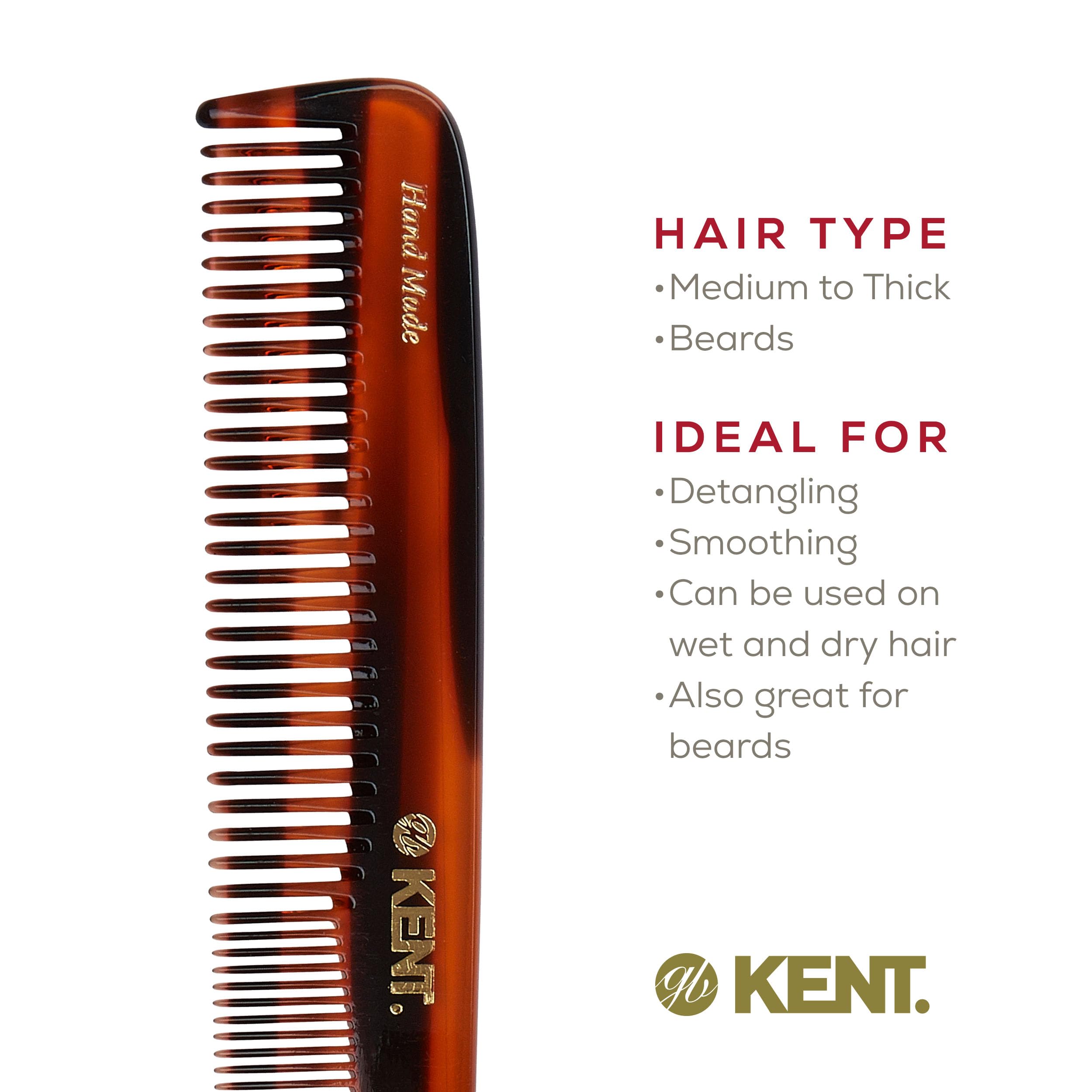 Kent 9T Tortoiseshell Fine Tooth and Wide Tooth Comb - Large Handmade and Saw-Cut Fine Hair Dressing Comb - Wet Hair Detangler Combs for Women and Durable Grooming Made in England