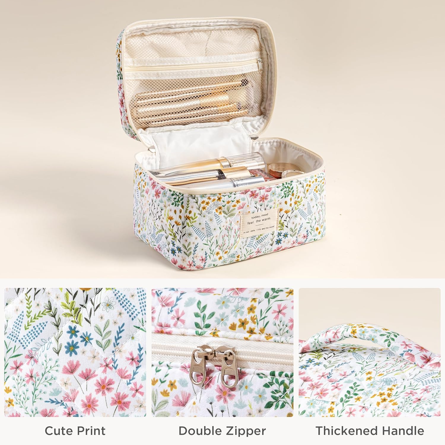 HBselect Quilted Makeup Bag, 3Pcs Cotton Large Travel Makeup Bags Organizer