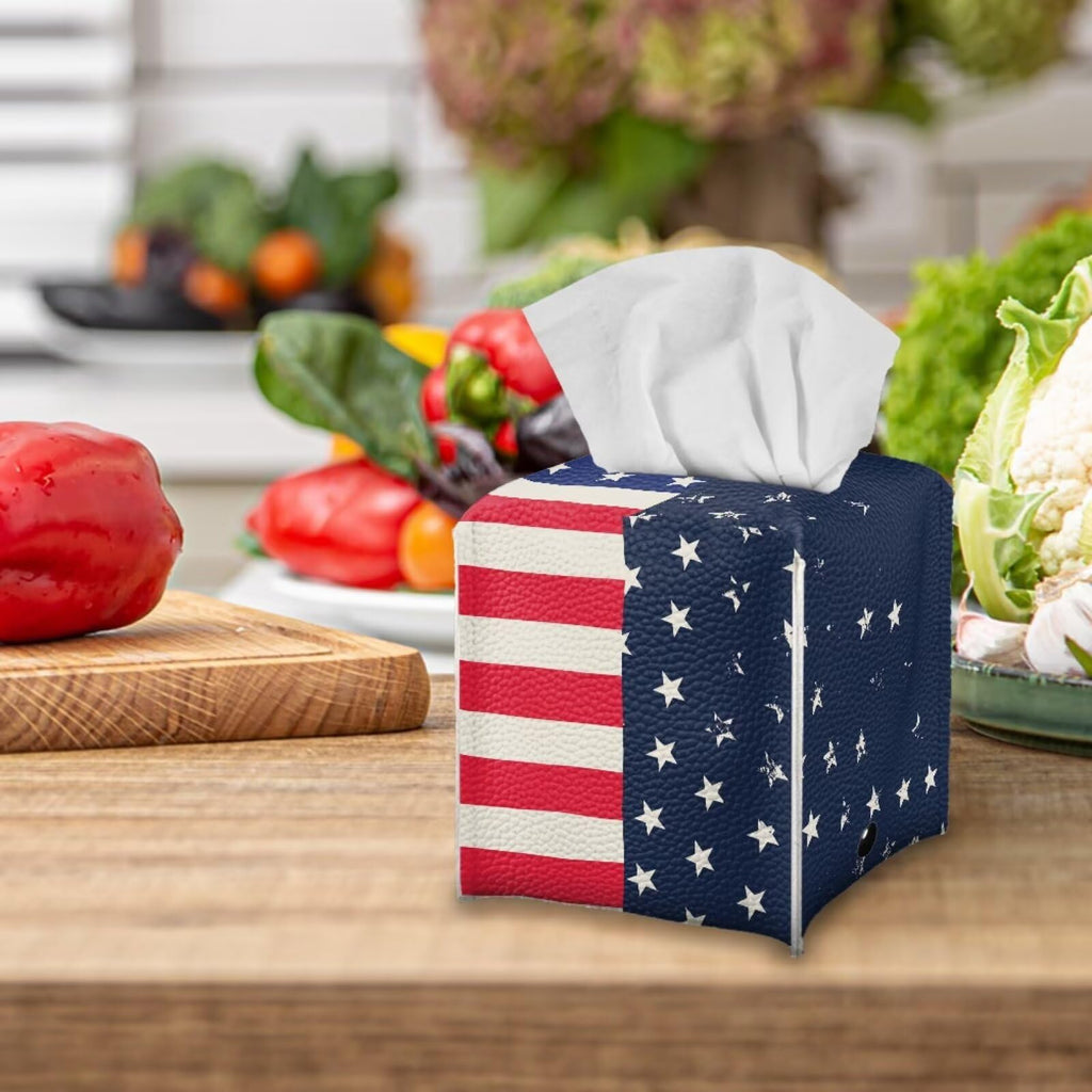 Pzuqiu American Flag Tissue Box Holder Stylish Leather Square Tissue Box Cover with Top Handle Waterproof Napkin Case Holder Home Office Bathroom Decor
