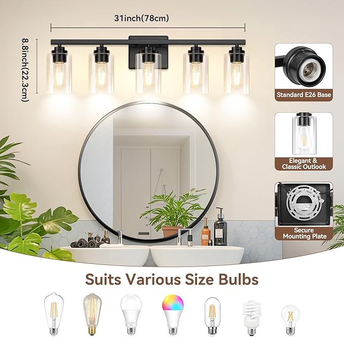 VerRon 5-Light Bathroom Light Fixtures, 31" Black Modern Vanity Lights
