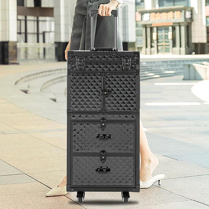 Professional Rolling Lockable Makeup Train Case on Wheels, Hairdressing Trolley Stylist Beauty Salon Cosmetic Luggage Travel Organizer Tool Box for Make-Up Artist, Hairstylist, Nail Artist