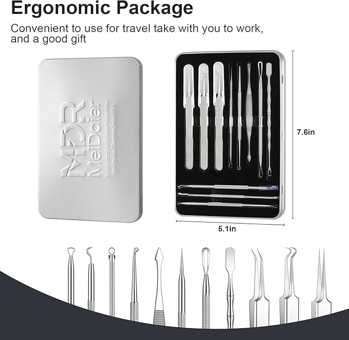 Meidaier 11Pcs Blackhead Remover Kit, Stainless Steel Acne Comedone Extractor with 10X Magnifying Glass & 20 75% Alcohol Pads, Pimple Whitehead Blemish Removal, Anti-Slip Handle & Storage Box