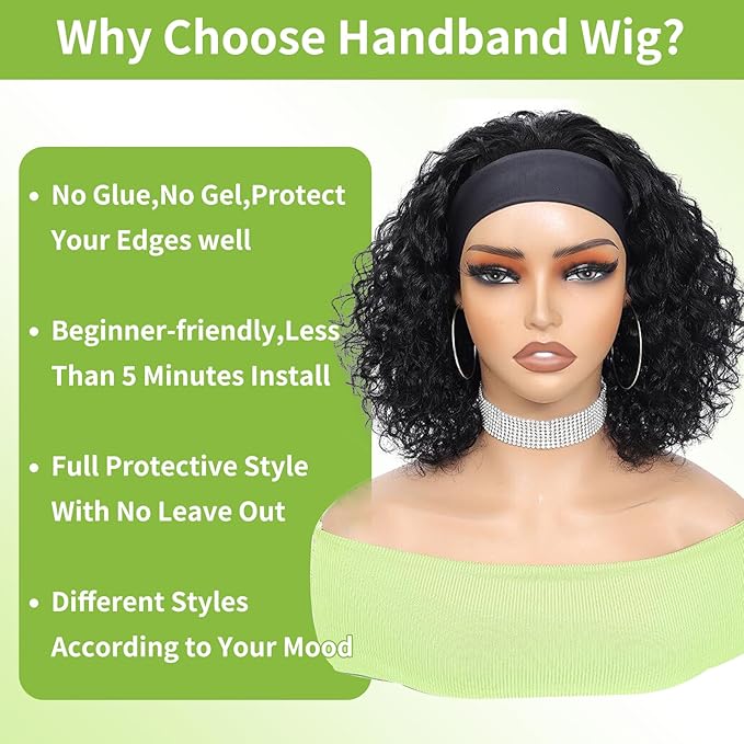 Headband Wig Human Hair Wigs for Black Women Curly Human Hair Wig Put on and Go Glueless Wig 12inch Headband Wigs Human Hair