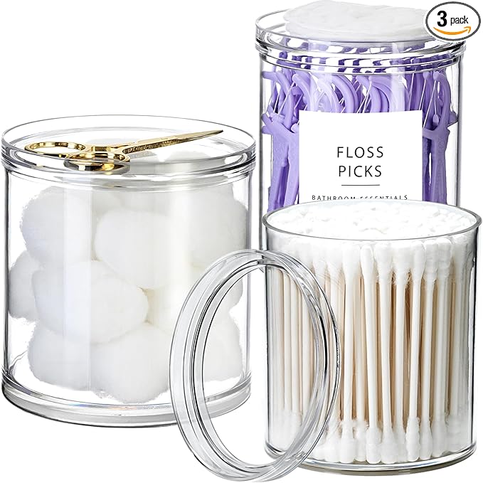 SheeChung 3-Pack Clear Stackable Apothecary Jars - (10/12/20oz) Mixed Sizes Qtip Holder Dispenser - Crystal Clear Bathroom Vanity Organizer with Storage Lids for Cotton Balls, Swabs, Floss