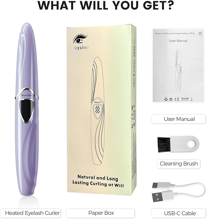 Raysino Heated Eyelash Curler, S600 Rechargeable Heated Lash Curler, Eyelash Curler Heated in 8s for Women 24 Hs Lasting Natural Makeup (Lilac/Silver, 148MM)