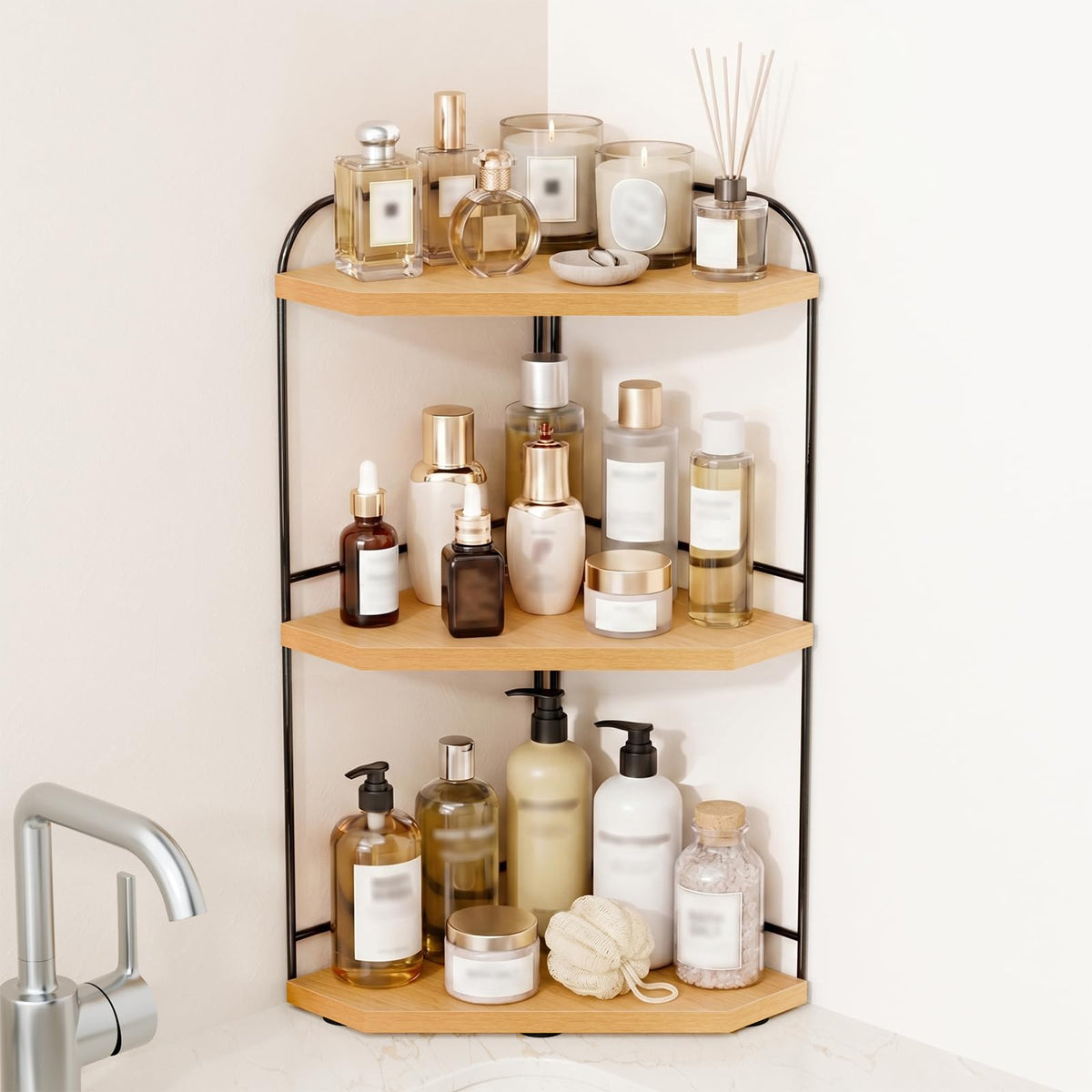 Naeqieo Corner Bathroom Counter Organizer, 3-Tier Wood Countertop Organizer