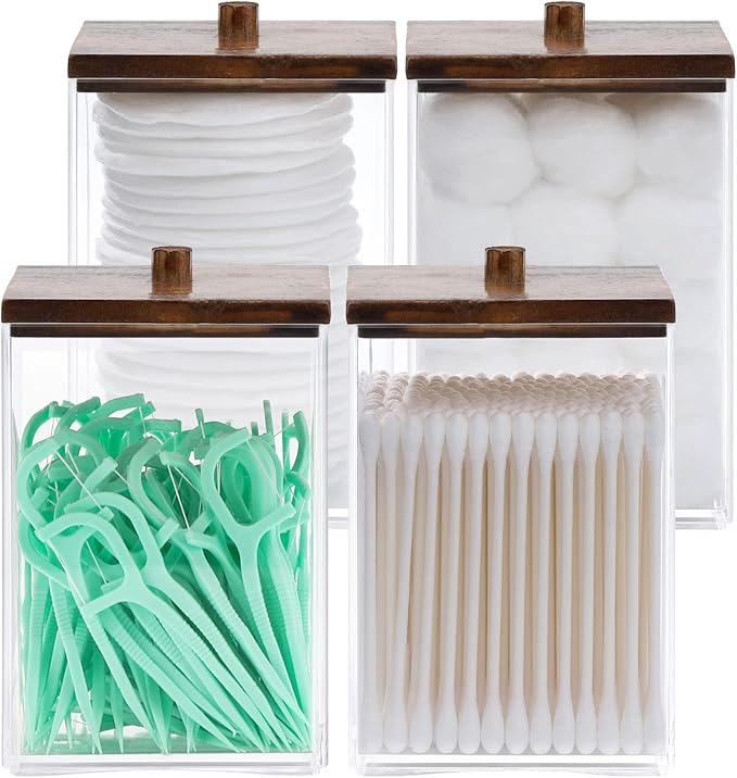 Tbestmax 12 OZ Cotton Swab/Ball/Pad Holder, Qtip Apothecary Jar, Clear Bathroom Containers Dispenser for Storage 4 Pack Black Wood Lids