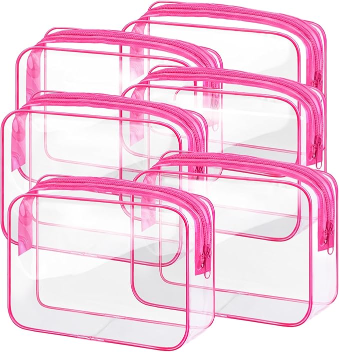 CHICAUP 6 Pieces Clear Makeup Bags Bulk TSA Approved Toiletry Bag for Travel PVC Waterproof Clear Cosmetic Pouch with Zipper for Men and Women Carry-on Travel Essentials (Rose Red)