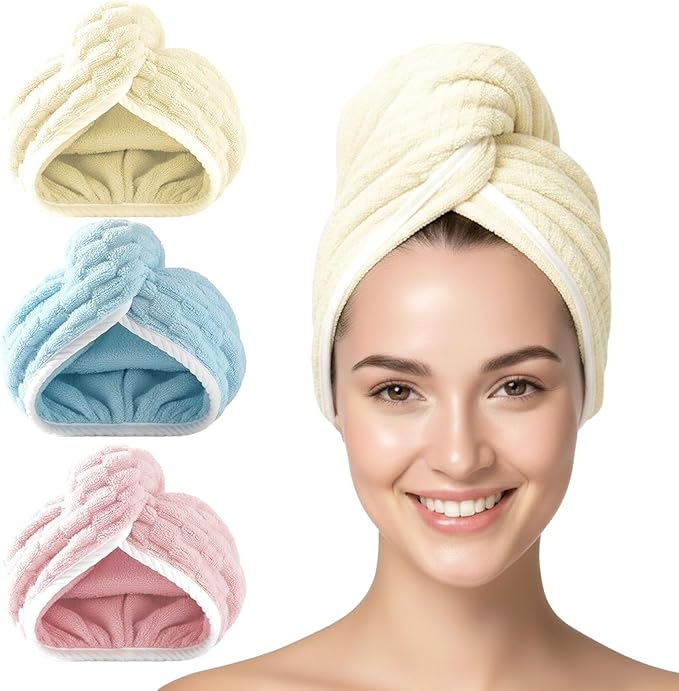 3 Pack Microfiber Hair Towel Wrap for Women, Fast Drying Hair Turban with Button, Anti-Frizz Large Hair Towel for All Hair Styles, Soft & Absorbent Hair Drying Towel